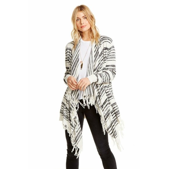 Chaser Women's Size Small Stripe Linen Fringe Trim Open‎ Front Cardigan Sweater - Picture 1 of 8